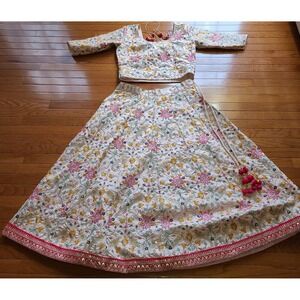 Women's Multicolor Embroidered Floral Choli Lehenga XL Pink Sequin Floral Birds